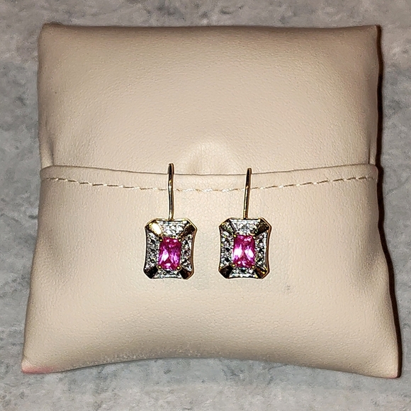 14K GOLD VERMILE 1ct NATURAL PINK EMERALD CUT SAPPHIRE EARRINGS LATCH BACK - Picture 4 of 15
